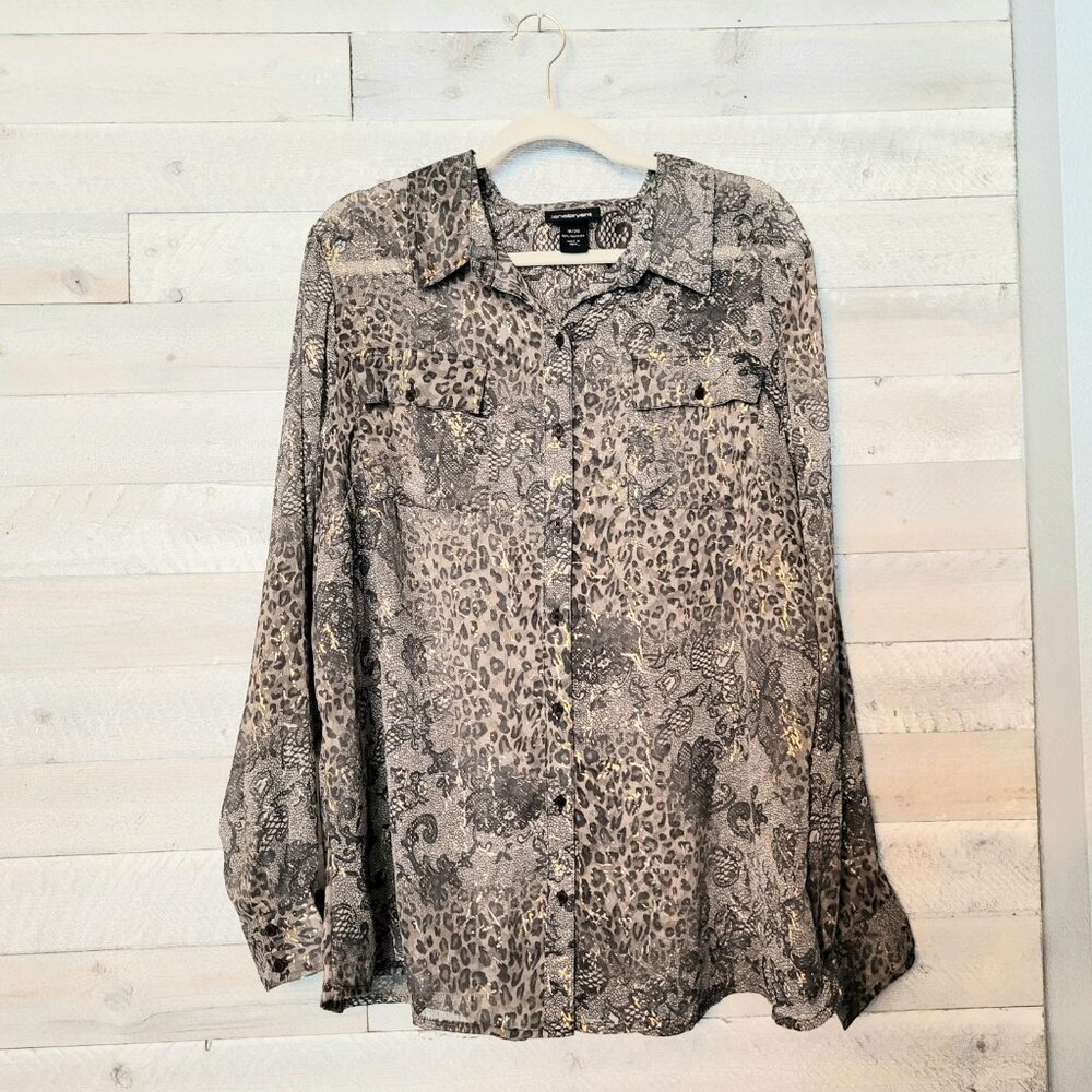 Lane Bryant Top Metallic Patchwork Animal Print Button Up Shirt.